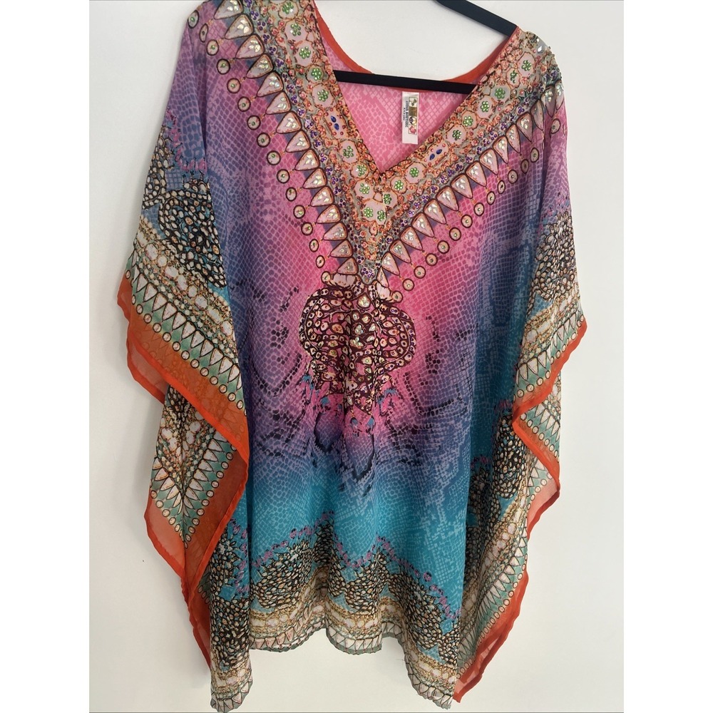 India Boutique One Size Swim Cover-Up Bright Multicolor Crystal Neck Line Resort